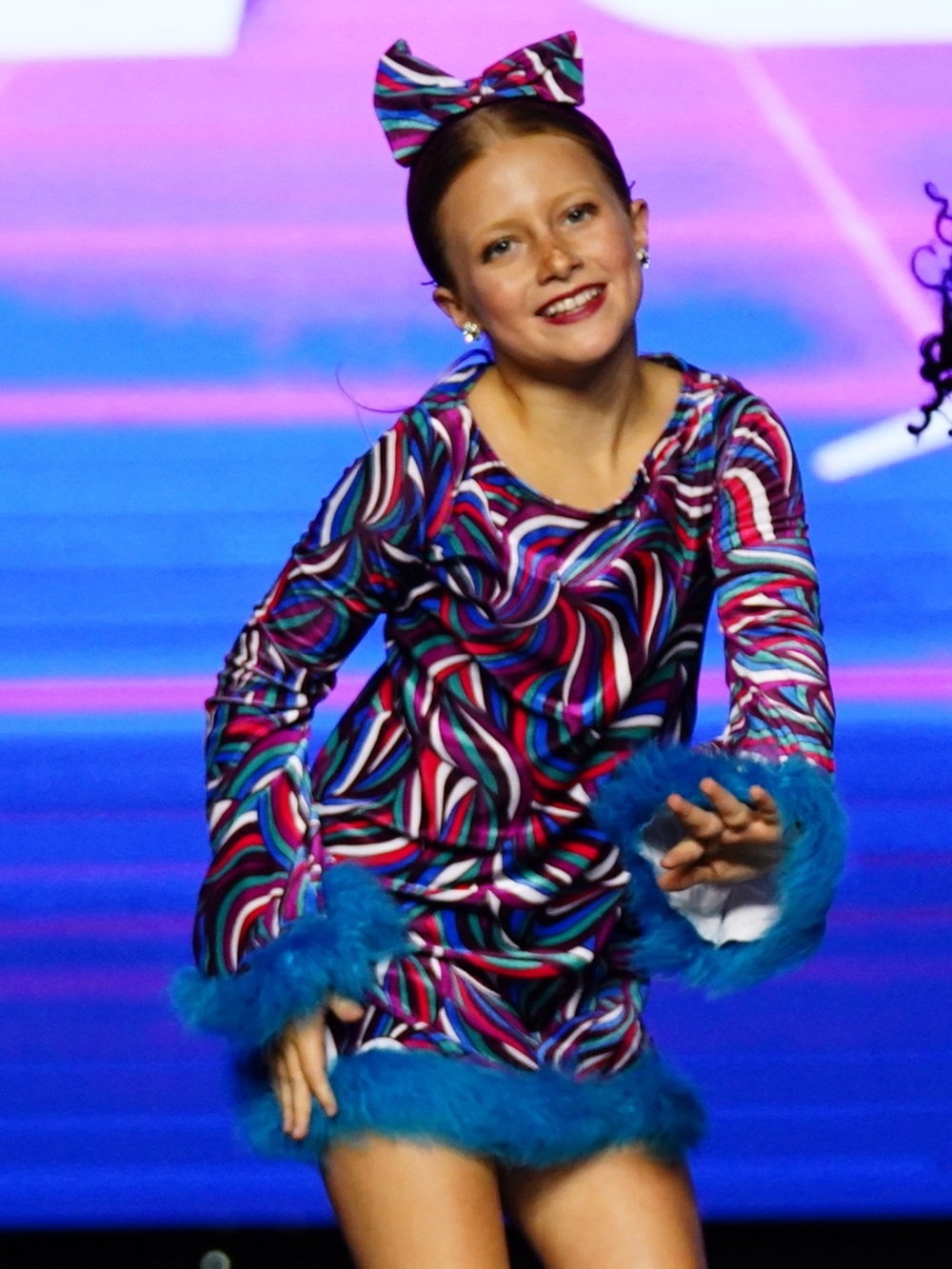 Kids Groovy Dance Costume with Blue Trim feathers